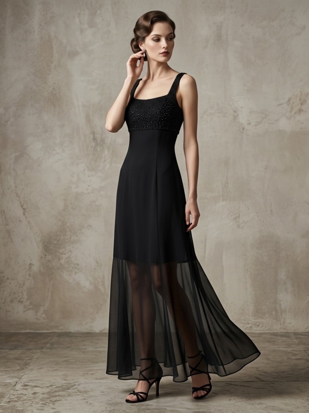Vintage Cache Y2K Black Beaded Mesh Maxi Dress Gown Sz 8 Goth Glam NYE Formal